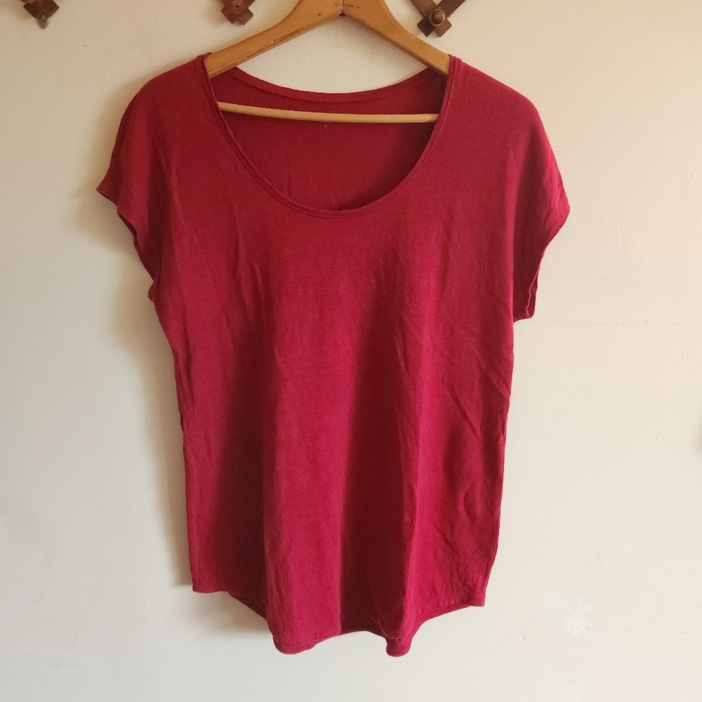 Eileen Fisher Linen Scoop Neck Short Sleeve Tee Deep Red